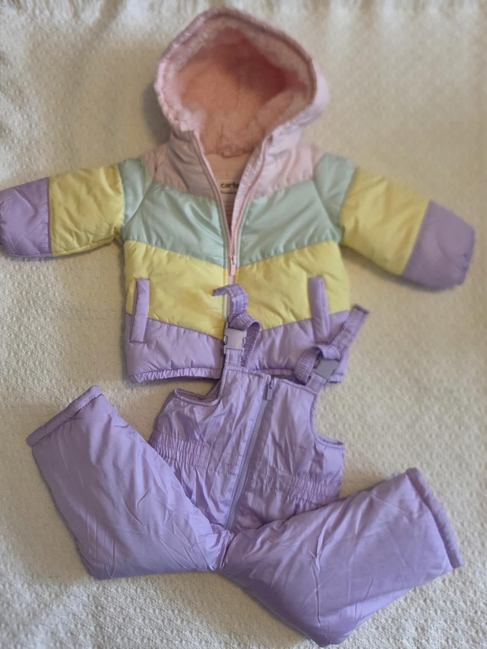 Carter's Rainbow Colorblock Lined Puffer Jacket and Lilac Snow Bib Set 2T